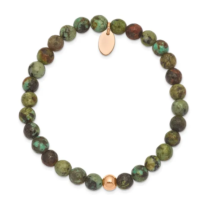 TreasureFineJewelers Bracelets Chisel Stainless Steel Polished Rose IPplated 6mm African Turquoise Beaded Stretch Bracelet