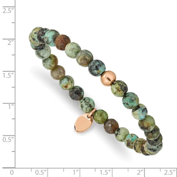TreasureFineJewelers Bracelets Chisel Stainless Steel Polished Rose IPplated 6mm African Turquoise Beaded Stretch Bracelet
