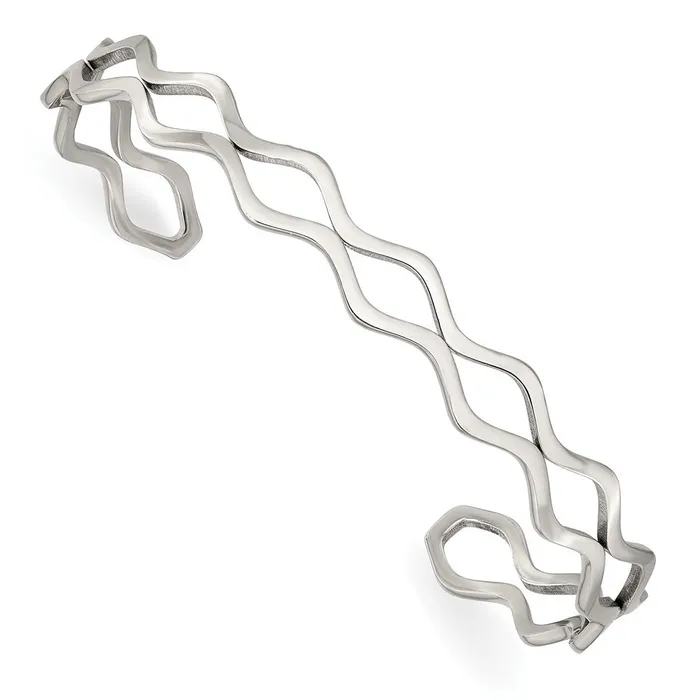 TreasureFineJewelers Bracelets Stainless Steel Polished Wavy Cuff Bangle