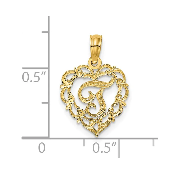 TreasureFineJewelers Charm Necklaces 14k Yellow Gold Heart Script Letter T Initial Charm