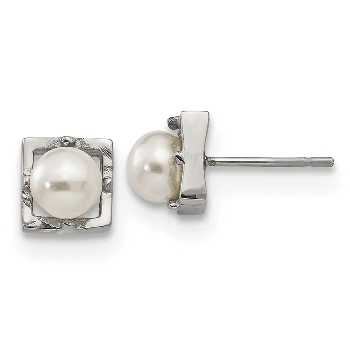 TreasureFineJewelers Earrings Stainless Steel Polished Simulated Pearl Square Post Earrings TreasureFineJewelers Earrings Stainless Steel Polished Simulated Pearl Square Post Earrings