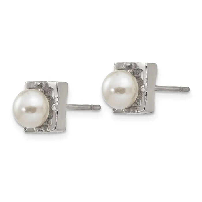 TreasureFineJewelers Earrings Stainless Steel Polished Simulated Pearl Square Post Earrings