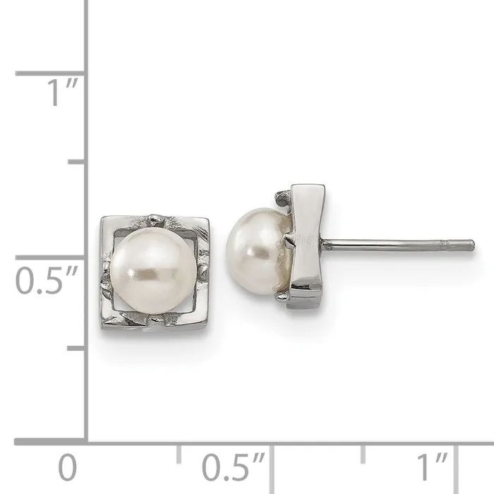 TreasureFineJewelers Earrings Stainless Steel Polished Simulated Pearl Square Post Earrings