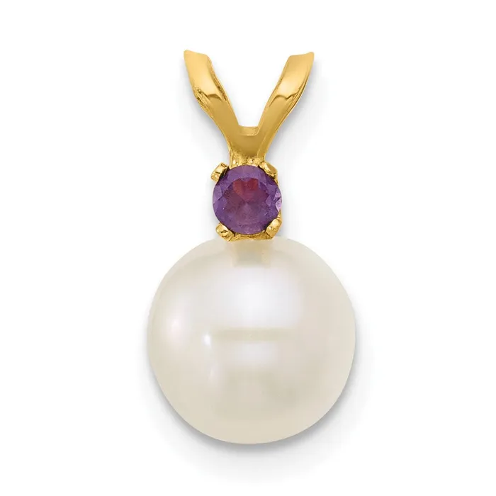 TreasureFineJewelers Rings 14k Yellow Gold 775mm White Round FWC Pearl Amethyst Pendants