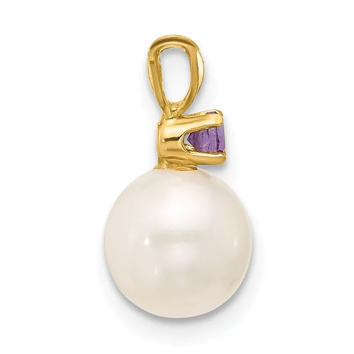 TreasureFineJewelers Rings 14k Yellow Gold 775mm White Round FWC Pearl Amethyst Pendants