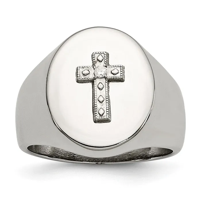 TreasureFineJewelers Rings Stainless Steel Polished wSterling Silver Cross CZ Signet Ring TreasureFineJewelers Rings Stainless Steel Polished wSterling Silver Cross CZ Signet Ring