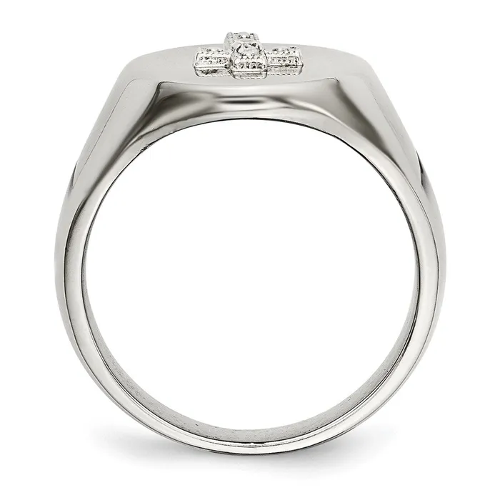 TreasureFineJewelers Rings Stainless Steel Polished wSterling Silver Cross CZ Signet Ring