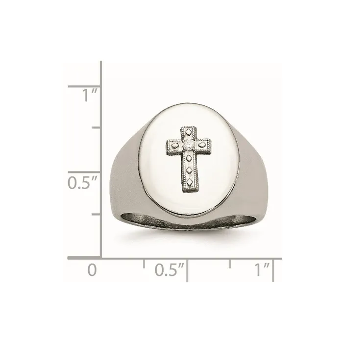 TreasureFineJewelers Rings Stainless Steel Polished wSterling Silver Cross CZ Signet Ring
