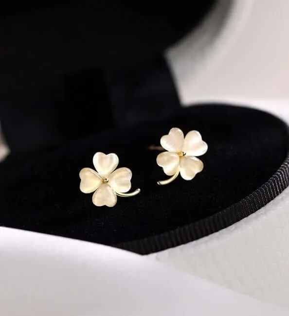 Trendolla Jewelry 925 Silver Cats Eye Four Leaf Clover Earrings Earrings