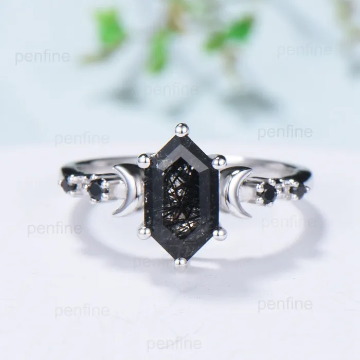 Crescent Moon Black Rutilated Quartz Engagement Ring Set Unique Long Hexagon Black Crystal Wedding Ring Spinel Stacking Anniversary Ring PENFINE Rings Crescent Moon Black Rutilated Quartz Engagement Ring Set Unique Long Hexagon Black Crystal Wedding Ring Spinel Stacking Anniversary Ring PENFINE Rings