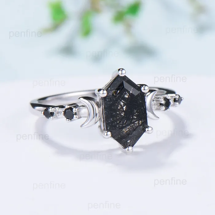 Crescent Moon Black Rutilated Quartz Engagement Ring Set Unique Long Hexagon Black Crystal Wedding Ring Spinel Stacking Anniversary Ring PENFINE Rings Crescent Moon Black Rutilated Quartz Engagement Ring Set Unique Long Hexagon Black Crystal Wedding Ring Spinel Stacking Anniversary Ring PENFINE Rings