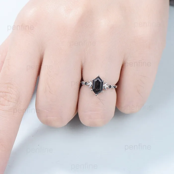 Crescent Moon Black Rutilated Quartz Engagement Ring Set Unique Long Hexagon Black Crystal Wedding Ring Spinel Stacking Anniversary Ring PENFINE Rings Crescent Moon Black Rutilated Quartz Engagement Ring Set Unique Long Hexagon Black Crystal Wedding Ring Spinel Stacking Anniversary Ring PENFINE Rings