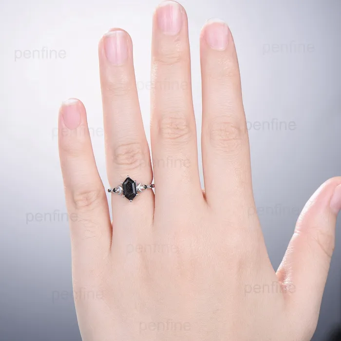 Crescent Moon Black Rutilated Quartz Engagement Ring Set Unique Long Hexagon Black Crystal Wedding Ring Spinel Stacking Anniversary Ring PENFINE Rings Crescent Moon Black Rutilated Quartz Engagement Ring Set Unique Long Hexagon Black Crystal Wedding Ring Spinel Stacking Anniversary Ring PENFINE Rings