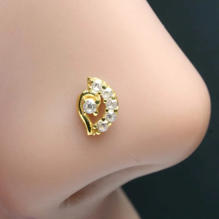 Earrings Karizma Jewels Indian Women 14k Real Gold White CZ Corkscrew Nose Stud 24g