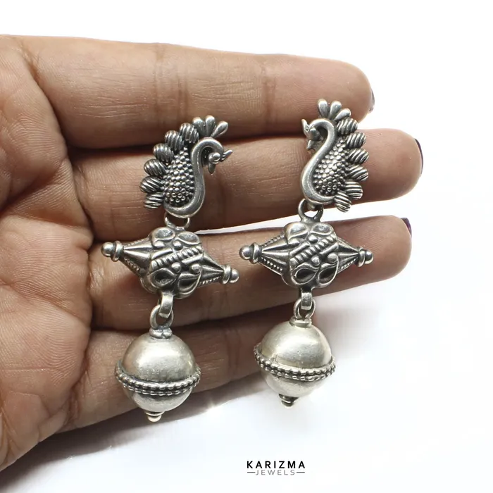Earrings Karizma Jewels Real 925 Sterling Silver Designer Mayur Mukhi Oxidized Hanging Jhumka Women Earrings
