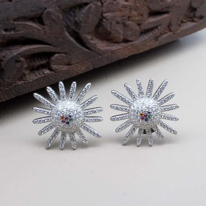 Karizma Jewels Earrings Real 925 Silver Multi CZ Stud Earring Set In Platinum Finish Karizma Jewels Earrings Real 925 Silver Multi CZ Stud Earring Set In Platinum Finish