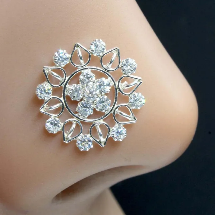 Karizma Jewels Trendy Big Sterling Silver White CZ Women Nose Stud Push Pin Earrings