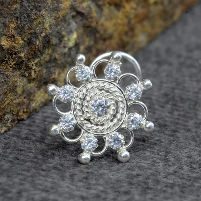 Karizma Jewels Wheel design Real Sterling Silver White CZ Women Twisted nose ring 22g Rings