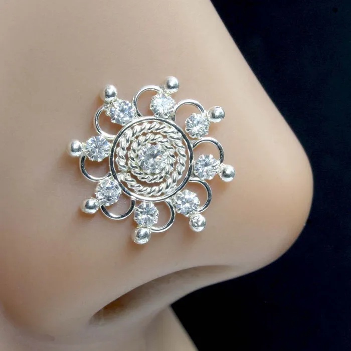 Karizma Jewels Wheel design Real Sterling Silver White CZ Women Twisted nose ring 22g Rings