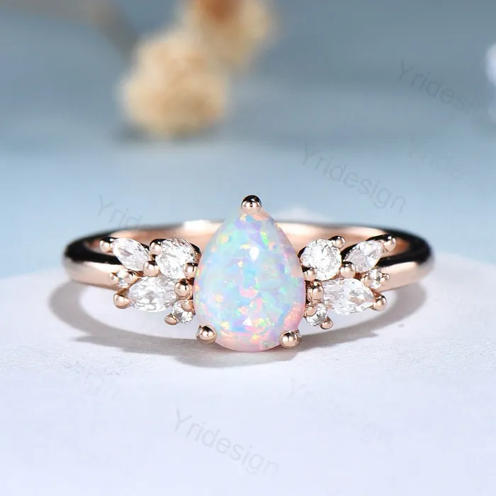 PENFINE Pear Shaped White Opal Engagement RingSterling Rose Gold Promise Rings WomenFire Opal Ring with Diamond Simulants October Birthstone Ring Rings PENFINE Pear Shaped White Opal Engagement RingSterling Rose Gold Promise Rings WomenFire Opal Ring with Diamond Simulants October Birthstone Ring Rings