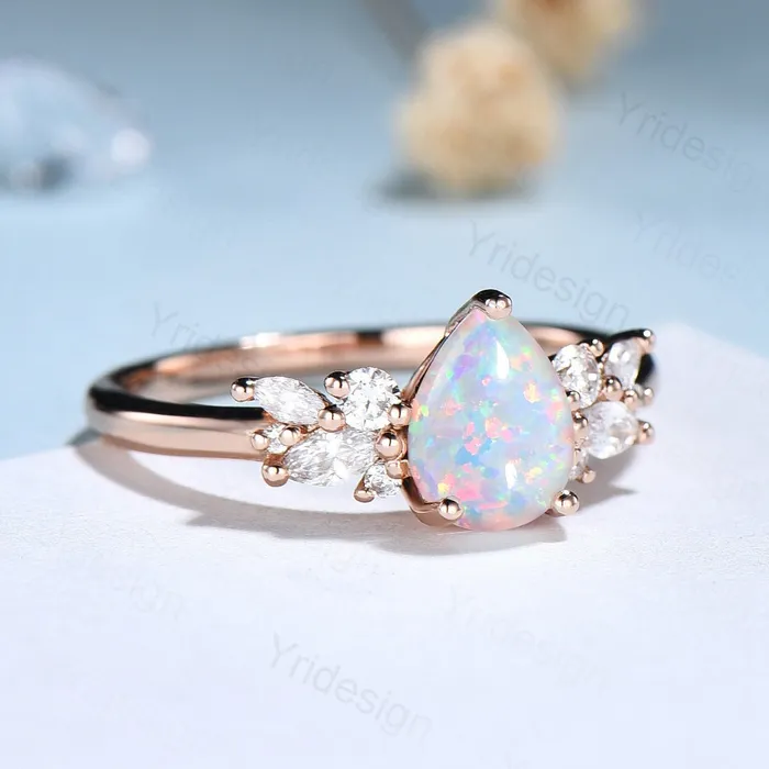 PENFINE Pear Shaped White Opal Engagement RingSterling Rose Gold Promise Rings WomenFire Opal Ring with Diamond Simulants October Birthstone Ring Rings PENFINE Pear Shaped White Opal Engagement RingSterling Rose Gold Promise Rings WomenFire Opal Ring with Diamond Simulants October Birthstone Ring Rings