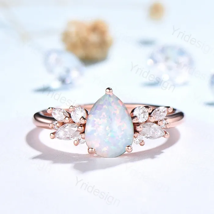 PENFINE Pear Shaped White Opal Engagement RingSterling Rose Gold Promise Rings WomenFire Opal Ring with Diamond Simulants October Birthstone Ring Rings PENFINE Pear Shaped White Opal Engagement RingSterling Rose Gold Promise Rings WomenFire Opal Ring with Diamond Simulants October Birthstone Ring Rings