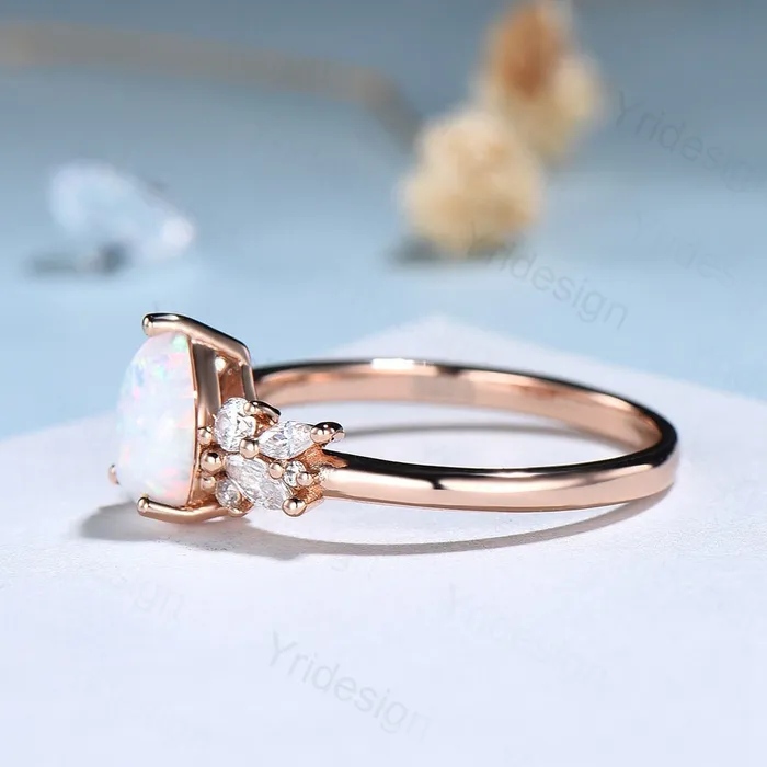 PENFINE Pear Shaped White Opal Engagement RingSterling Rose Gold Promise Rings WomenFire Opal Ring with Diamond Simulants October Birthstone Ring Rings PENFINE Pear Shaped White Opal Engagement RingSterling Rose Gold Promise Rings WomenFire Opal Ring with Diamond Simulants October Birthstone Ring Rings