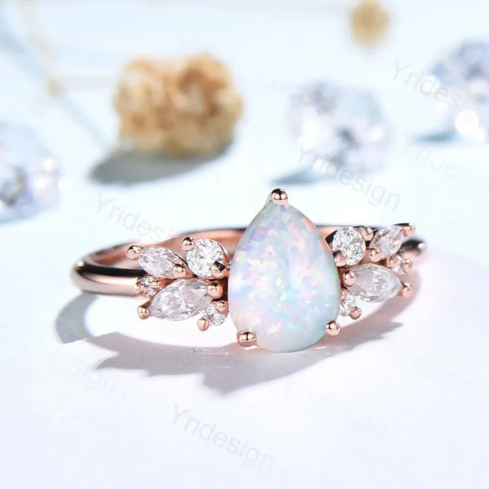 PENFINE Pear Shaped White Opal Engagement RingSterling Rose Gold Promise Rings WomenFire Opal Ring with Diamond Simulants October Birthstone Ring Rings PENFINE Pear Shaped White Opal Engagement RingSterling Rose Gold Promise Rings WomenFire Opal Ring with Diamond Simulants October Birthstone Ring Rings
