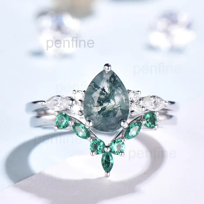 PENFINE Rings 2pcs Pear Shaped Green Moss Agate Nadia Engagement Ring Set Emerald Band PENFINE Rings 2pcs Pear Shaped Green Moss Agate Nadia Engagement Ring Set Emerald Band