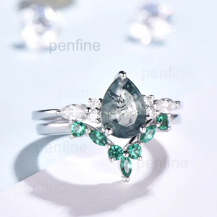 PENFINE Rings 2pcs Pear Shaped Green Moss Agate Nadia Engagement Ring Set Emerald Band