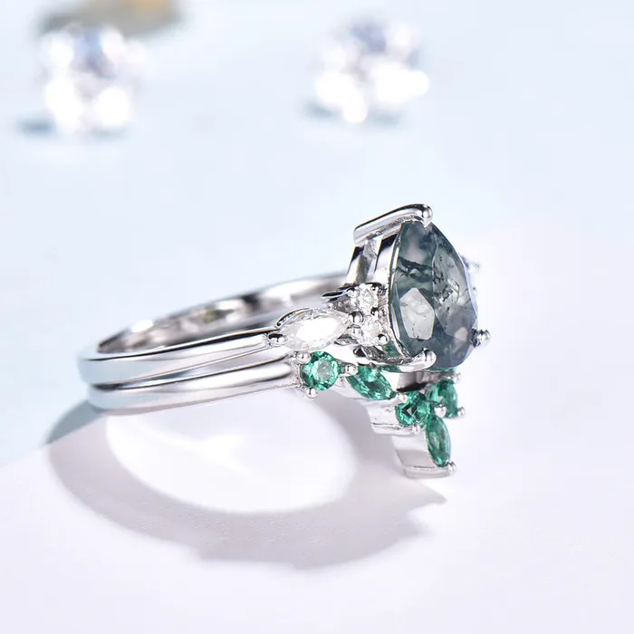 PENFINE Rings 2pcs Pear Shaped Green Moss Agate Nadia Engagement Ring Set Emerald Band