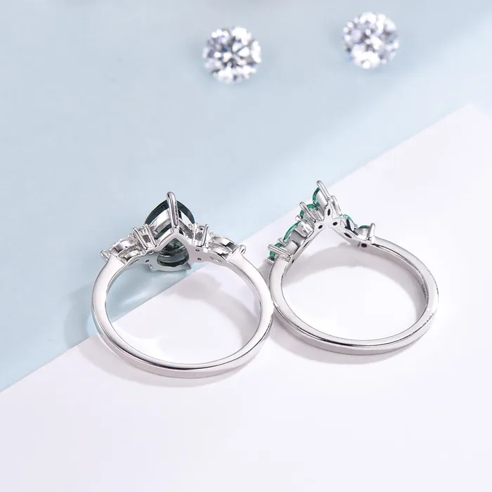 PENFINE Rings 2pcs Pear Shaped Green Moss Agate Nadia Engagement Ring Set Emerald Band