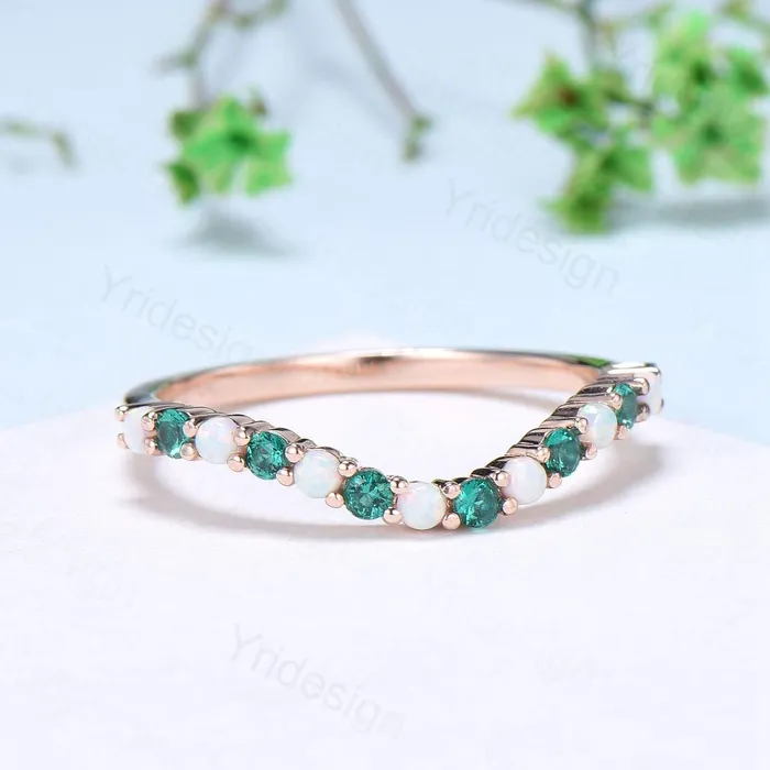PENFINE Rings Curved opal wedding ring half eternity opal emerald wedding band silver 14k rose gold anniversary ring stacking band for hexagon cut ring PENFINE Rings Curved opal wedding ring half eternity opal emerald wedding band silver 14k rose gold anniversary ring stacking band for hexagon cut ring