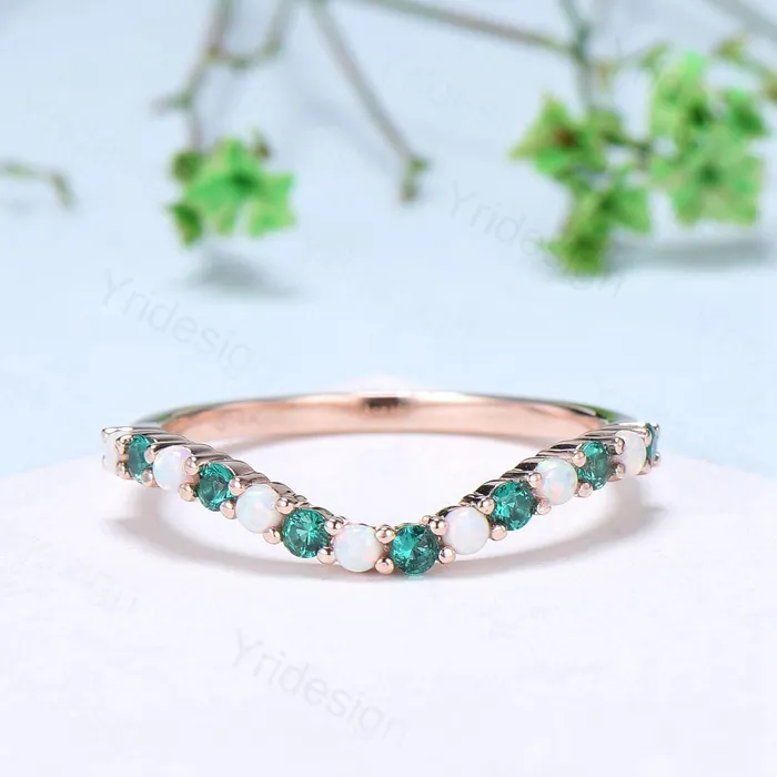PENFINE Rings Curved opal wedding ring half eternity opal emerald wedding band silver 14k rose gold anniversary ring stacking band for hexagon cut ring PENFINE Rings Curved opal wedding ring half eternity opal emerald wedding band silver 14k rose gold anniversary ring stacking band for hexagon cut ring