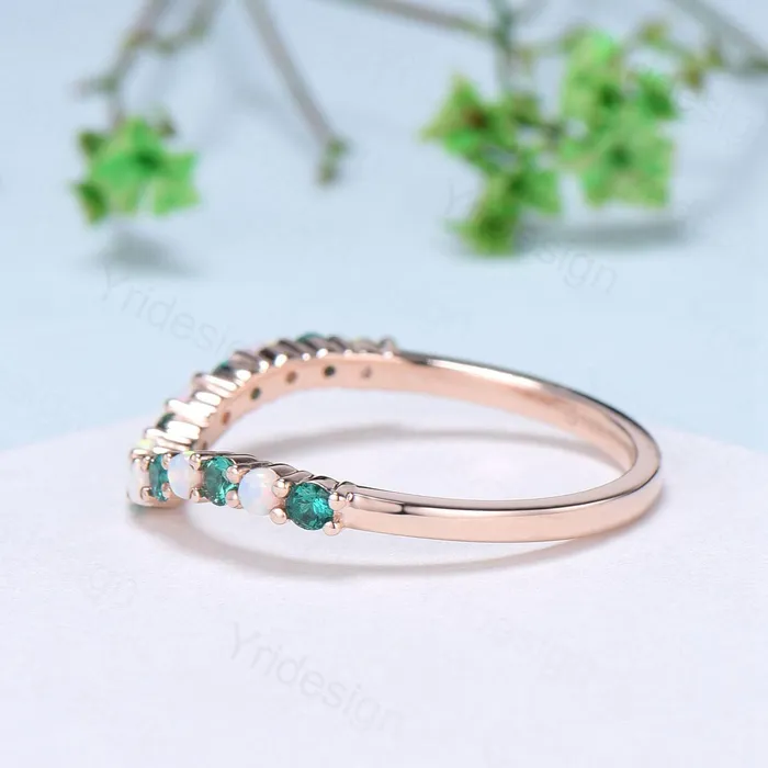 PENFINE Rings Curved opal wedding ring half eternity opal emerald wedding band silver 14k rose gold anniversary ring stacking band for hexagon cut ring PENFINE Rings Curved opal wedding ring half eternity opal emerald wedding band silver 14k rose gold anniversary ring stacking band for hexagon cut ring
