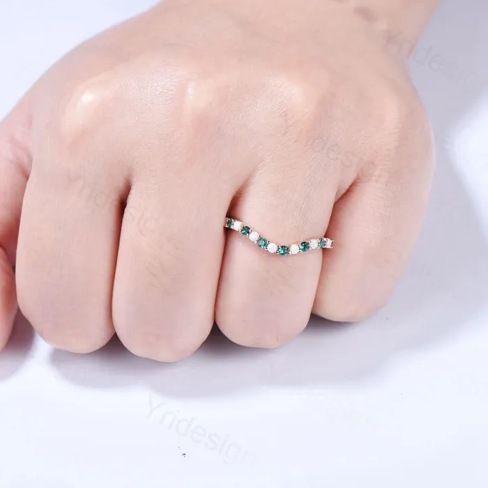 PENFINE Rings Curved opal wedding ring half eternity opal emerald wedding band silver 14k rose gold anniversary ring stacking band for hexagon cut ring PENFINE Rings Curved opal wedding ring half eternity opal emerald wedding band silver 14k rose gold anniversary ring stacking band for hexagon cut ring