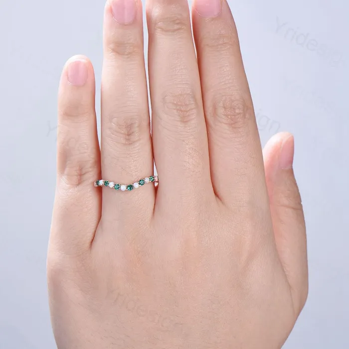 PENFINE Rings Curved opal wedding ring half eternity opal emerald wedding band silver 14k rose gold anniversary ring stacking band for hexagon cut ring PENFINE Rings Curved opal wedding ring half eternity opal emerald wedding band silver 14k rose gold anniversary ring stacking band for hexagon cut ring
