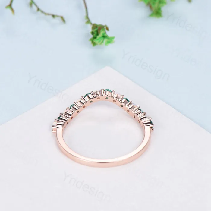 PENFINE Rings Curved opal wedding ring half eternity opal emerald wedding band silver 14k rose gold anniversary ring stacking band for hexagon cut ring PENFINE Rings Curved opal wedding ring half eternity opal emerald wedding band silver 14k rose gold anniversary ring stacking band for hexagon cut ring