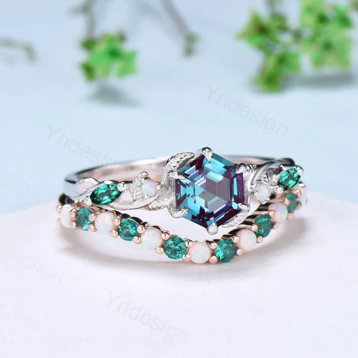 PENFINE Rings Curved opal wedding ring half eternity opal emerald wedding band silver 14k rose gold anniversary ring stacking band for hexagon cut ring PENFINE Rings Curved opal wedding ring half eternity opal emerald wedding band silver 14k rose gold anniversary ring stacking band for hexagon cut ring