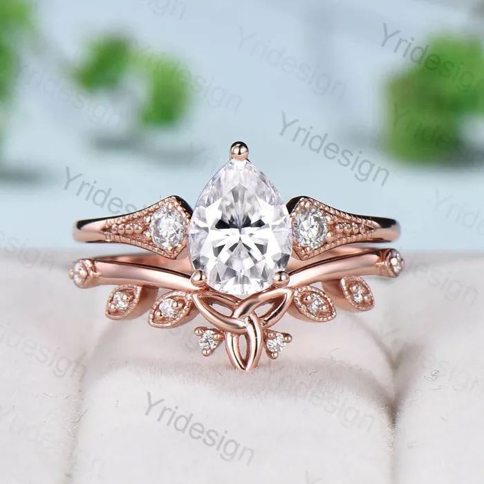 PENFINE Rings Retro teardrop moissanite wedding ring set vintage 3 stone engagement ring set art deco celtic love knot diamond stacking ring bridal set