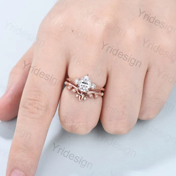 PENFINE Rings Retro teardrop moissanite wedding ring set vintage 3 stone engagement ring set art deco celtic love knot diamond stacking ring bridal set