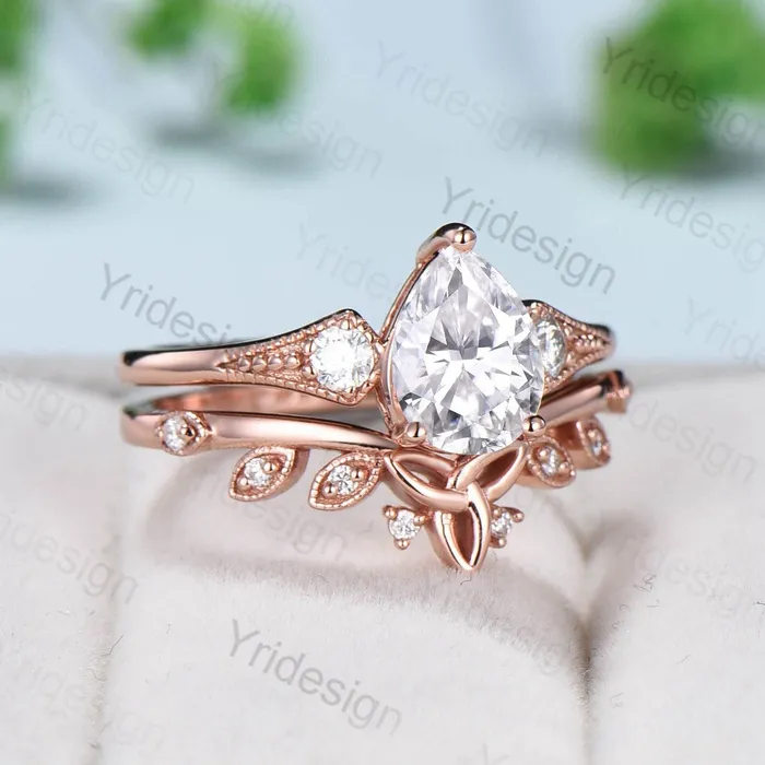 PENFINE Rings Retro teardrop moissanite wedding ring set vintage 3 stone engagement ring set art deco celtic love knot diamond stacking ring bridal set