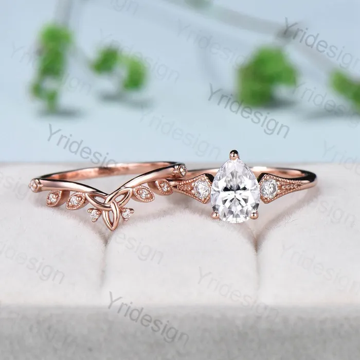PENFINE Rings Retro teardrop moissanite wedding ring set vintage 3 stone engagement ring set art deco celtic love knot diamond stacking ring bridal set