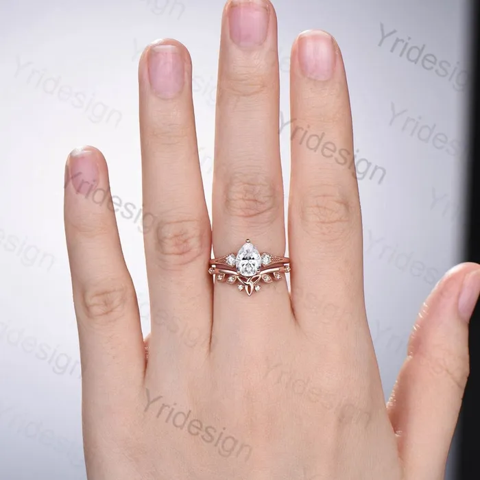 PENFINE Rings Retro teardrop moissanite wedding ring set vintage 3 stone engagement ring set art deco celtic love knot diamond stacking ring bridal set