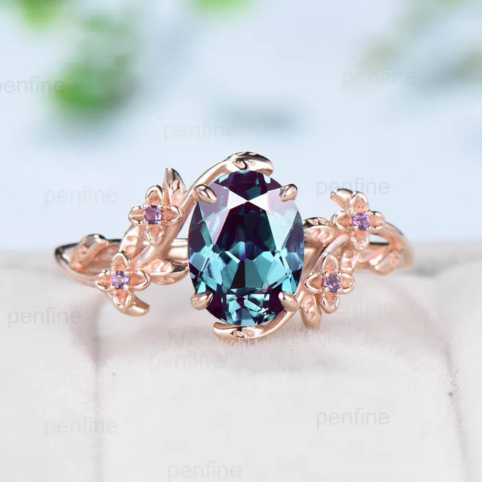PENFINE Rings Unique alexandrite ring vintage Oval floral engagement ring nature inspired leaf cluster amethyst flower June birthstone gift for women PENFINE Rings Unique alexandrite ring vintage Oval floral engagement ring nature inspired leaf cluster amethyst flower June birthstone gift for women
