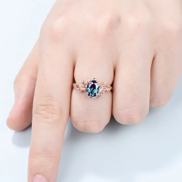 PENFINE Rings Unique alexandrite ring vintage Oval floral engagement ring nature inspired leaf cluster amethyst flower June birthstone gift for women PENFINE Rings Unique alexandrite ring vintage Oval floral engagement ring nature inspired leaf cluster amethyst flower June birthstone gift for women