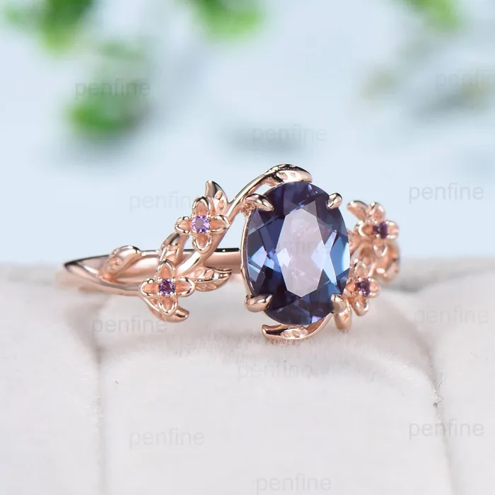 PENFINE Rings Unique alexandrite ring vintage Oval floral engagement ring nature inspired leaf cluster amethyst flower June birthstone gift for women PENFINE Rings Unique alexandrite ring vintage Oval floral engagement ring nature inspired leaf cluster amethyst flower June birthstone gift for women