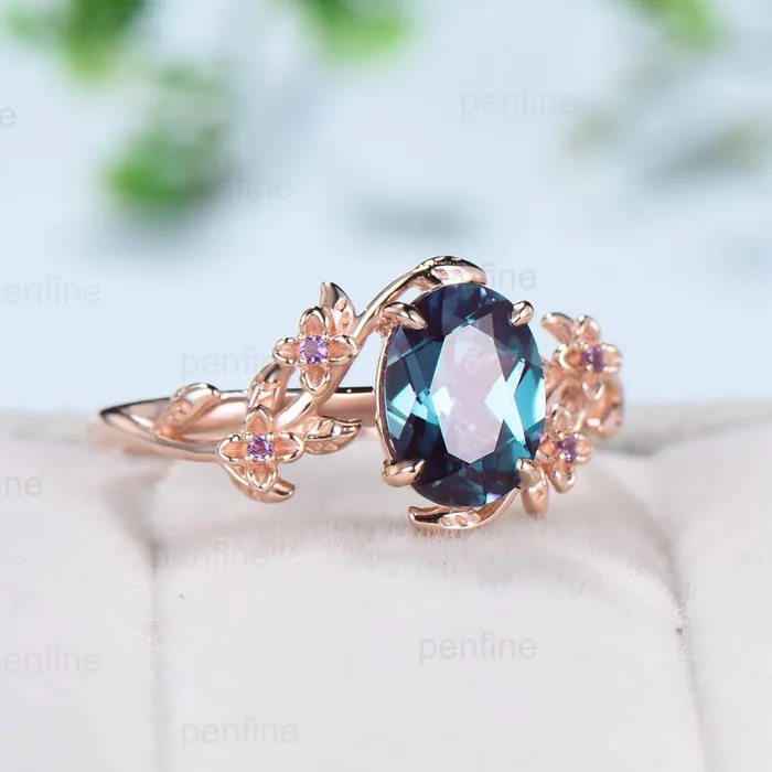 PENFINE Rings Unique alexandrite ring vintage Oval floral engagement ring nature inspired leaf cluster amethyst flower June birthstone gift for women PENFINE Rings Unique alexandrite ring vintage Oval floral engagement ring nature inspired leaf cluster amethyst flower June birthstone gift for women