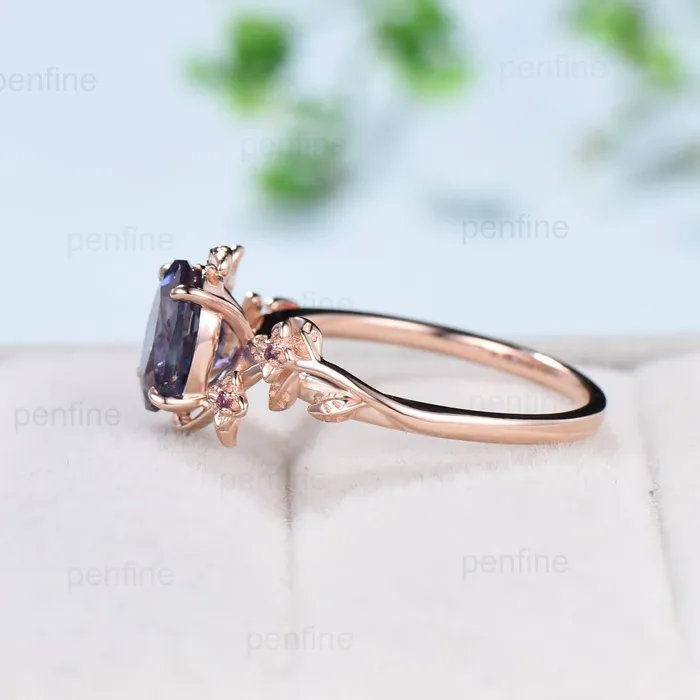 PENFINE Rings Unique alexandrite ring vintage Oval floral engagement ring nature inspired leaf cluster amethyst flower June birthstone gift for women PENFINE Rings Unique alexandrite ring vintage Oval floral engagement ring nature inspired leaf cluster amethyst flower June birthstone gift for women