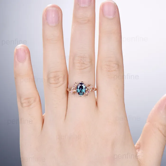 PENFINE Rings Unique alexandrite ring vintage Oval floral engagement ring nature inspired leaf cluster amethyst flower June birthstone gift for women PENFINE Rings Unique alexandrite ring vintage Oval floral engagement ring nature inspired leaf cluster amethyst flower June birthstone gift for women